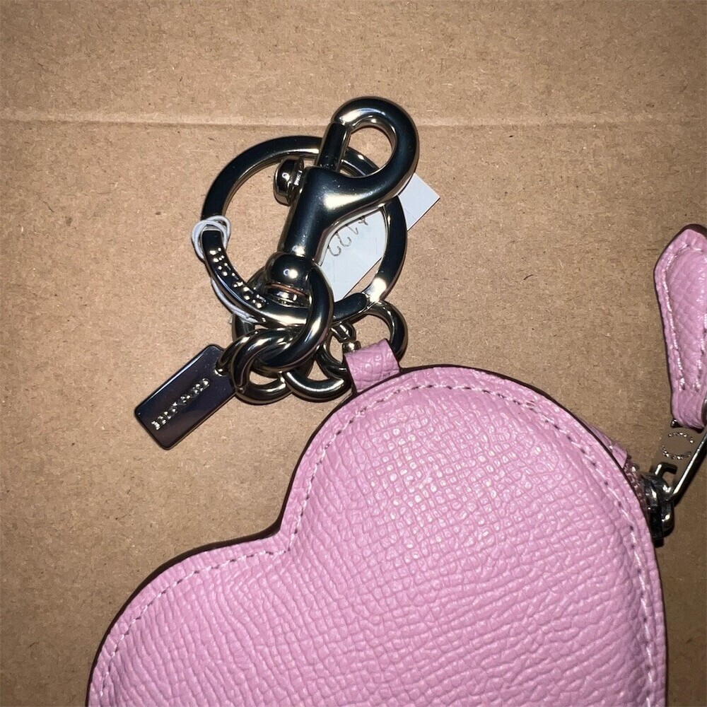 COACH Pink Leather Heart Bag Charm Coin Purse Keychain CP371 Silver Hardware NWT - Picture 3 of 5